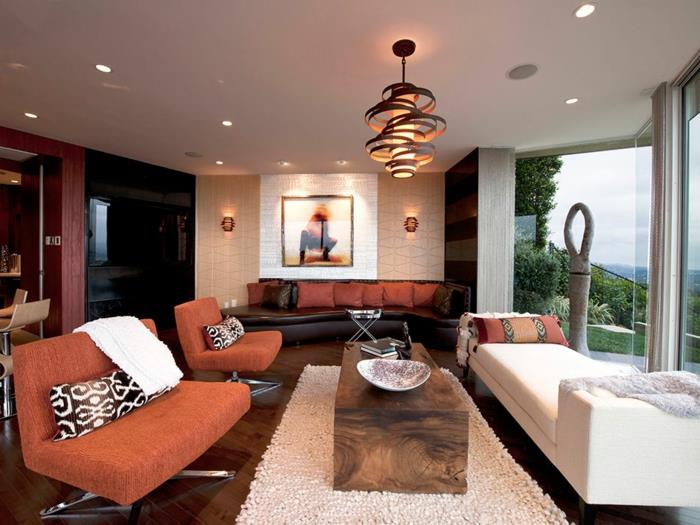 elävät ideat olohuone oranssi huonekalut maalaismainen sohvapöytä upotetut valot