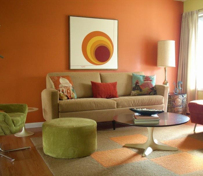 eläviä ideoita olohuone oranssi seinät vihreät huonekalut