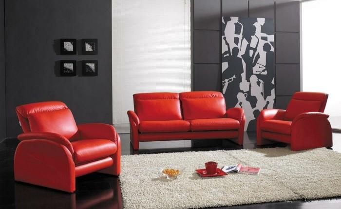 olohuone ideoita olohuone punainen nahka huonekalut tummanharmaat seinät vaalea matto