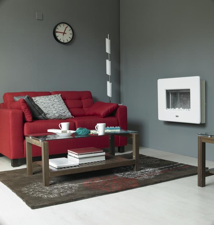 eläviä ideoita olohuone punainen sohva harmaat seinät pieni huone