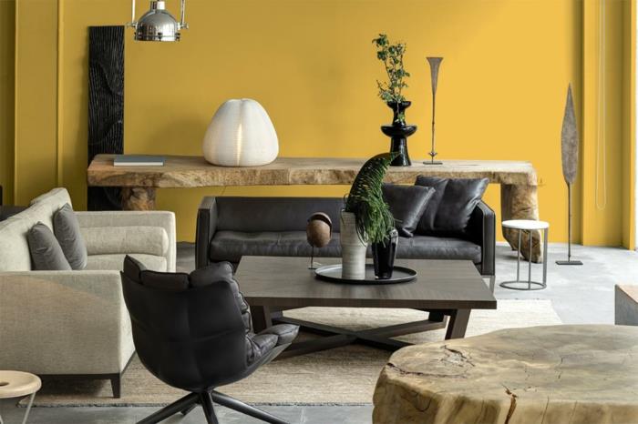 eläviä ideoita olohuone maalaismainen elementit keltaiset seinät musta nahka huonekalut ruokailutila
