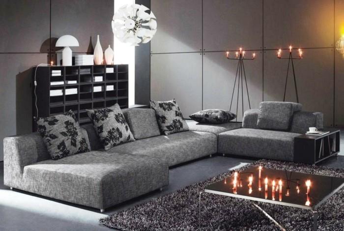 olohuone ideoita olohuone tyylikäs huonekalut harmaat seinät matto heittää tyynyt kynttilät