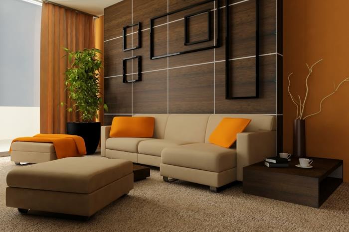 elävät ideat olohuone tyylikäs olohuoneen huonekalut kasvit oranssi heitotyynyt