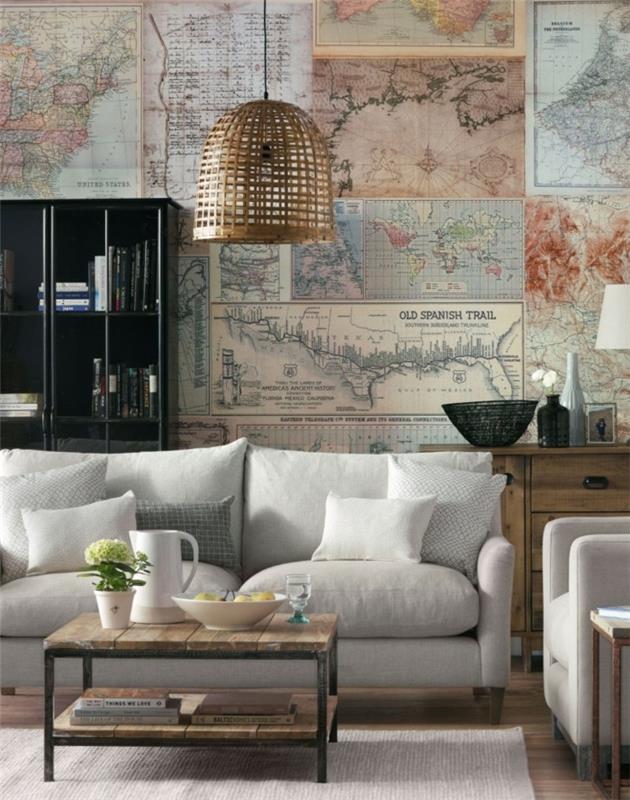 elävät ideat olohuone valkoinen sohva maailman kansio seinäkoriste maalaismainen sohvapöytä