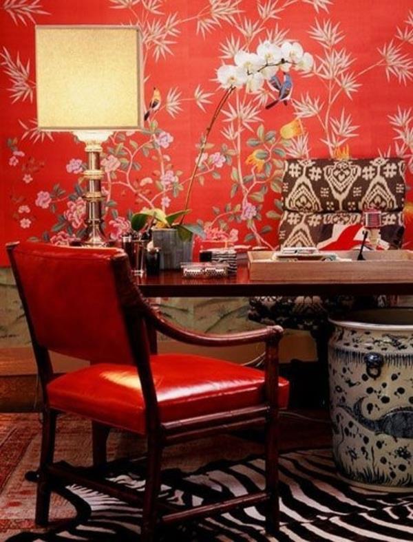 elävät ideat olohuone tapetti kukka kuvio punainen pöytä