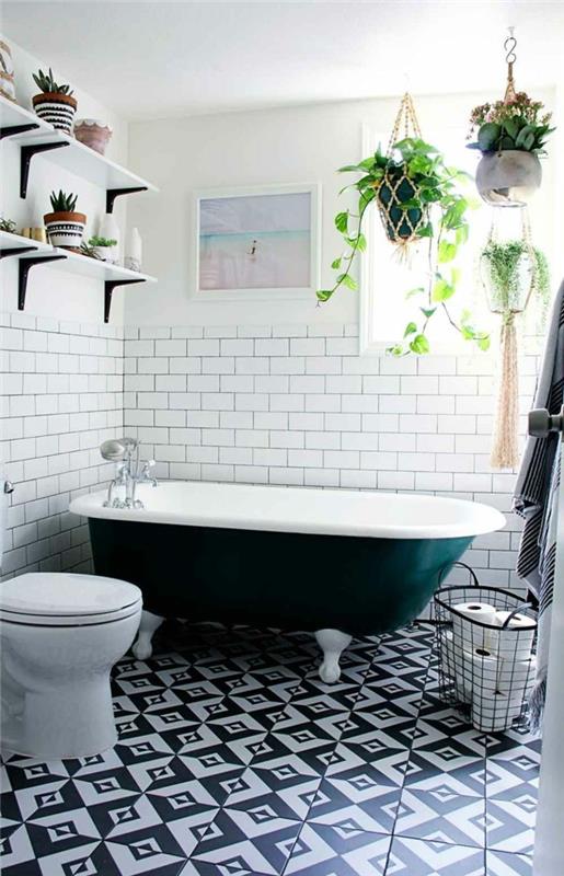 asunto sisustaa kylpyhuone valkoinen metro laatat vintage kylpyamme