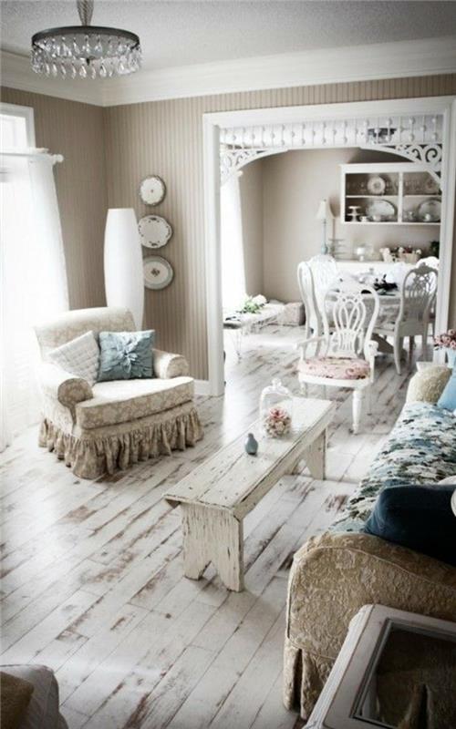 sisustushuoneistoideoita nuhjuinen tyylikäs olohuone puulattia maalaismainen sohvapöytä