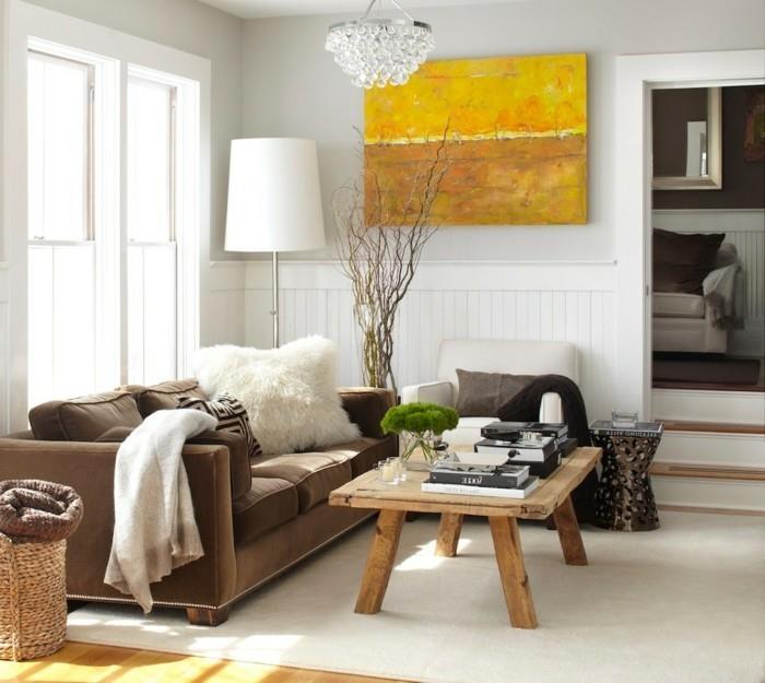 sisustusasuntoideoita olohuone puinen pöytä ruskea sohva valkoinen matto