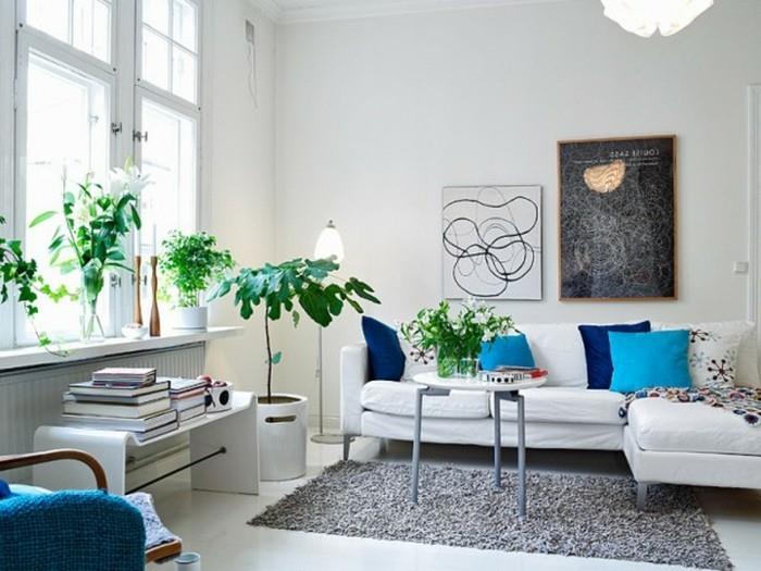 kodin sisustusideoita olohuone ympäristötyyli kasvit harmaa matto valkoinen sohva