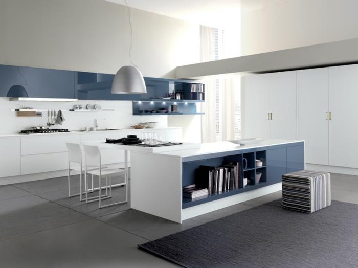 sisustus asunnot elävät ideat keittiö valkoinen sininen musta matto