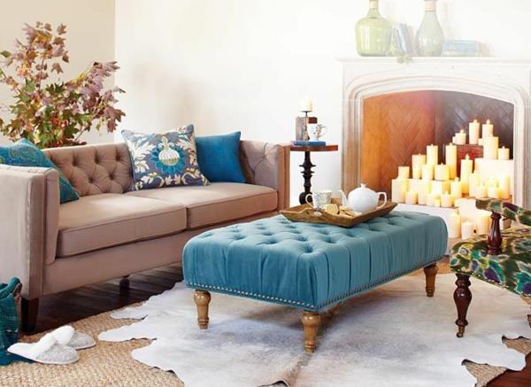 kodin sisustus verhoilu sininen sohvapöytä