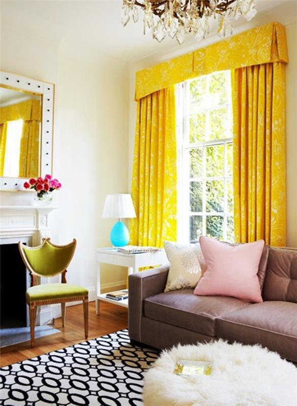 kodinsisustus kotiideoita olohuone keltaiset verhot valkoiset seinät