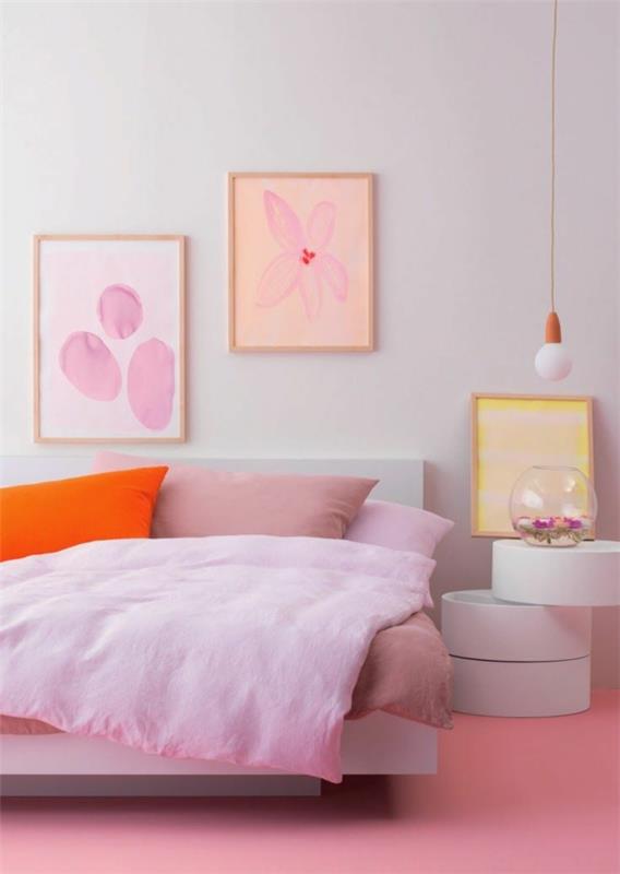 huoneiston suunnitteluideoita makuuhuone vaaleanpunainen seinä taide yöpöytä soikea muoto