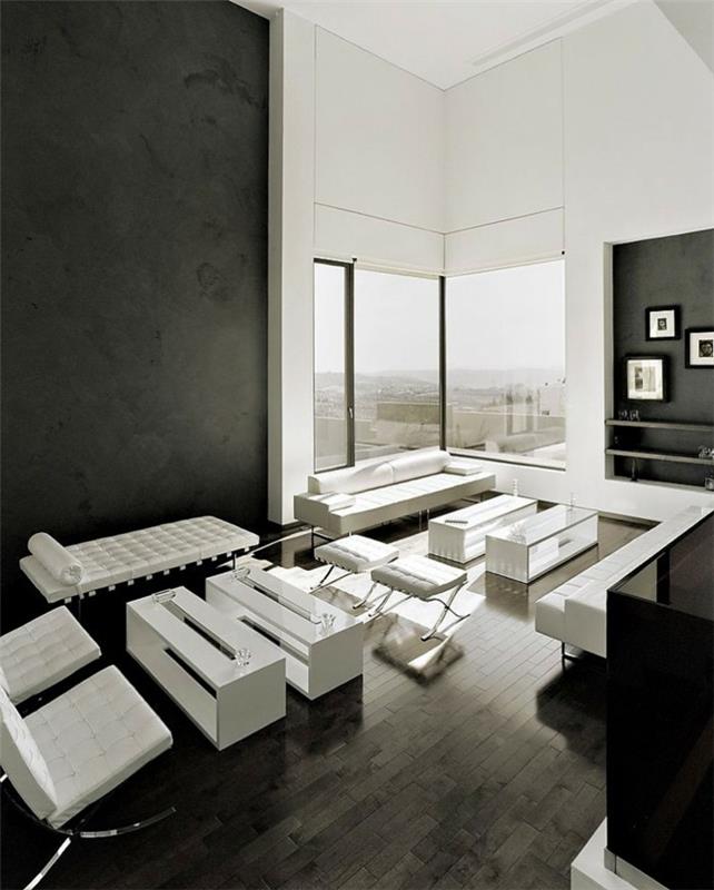 asunnon suunnittelu valkoinen musta sisustus värikontrasti