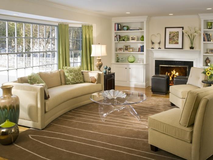 olohuone beige tyylikäs matto vihreät verhot viileä sohvapöytä