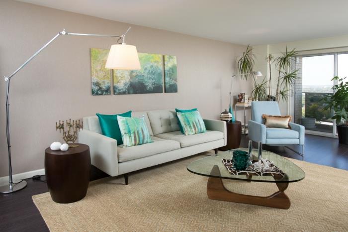 olohuone beige seinät moderni sohvapöytä vihreä aksentti