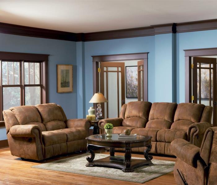 olohuone ruskeat siniset seinät ruskeat huonekalut