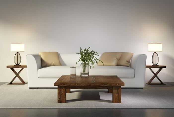 olohuone sohva maalaismainen sohvapöytä sivupöydät pöytälamput kevyt matto