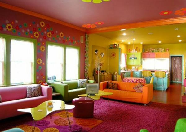 olohuone kesän värivalikoima vaaleanpunainen matto värikkäitä sohvia
