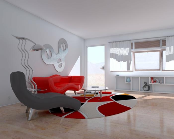 olohuoneen sisustusesimerkkejä punainen sohva harmaa nojatuoli pyöreä matto