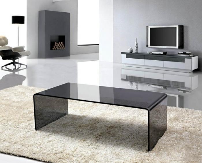 olohuoneen sisustusideoita lasipöytä musta minimalistinen olohuone
