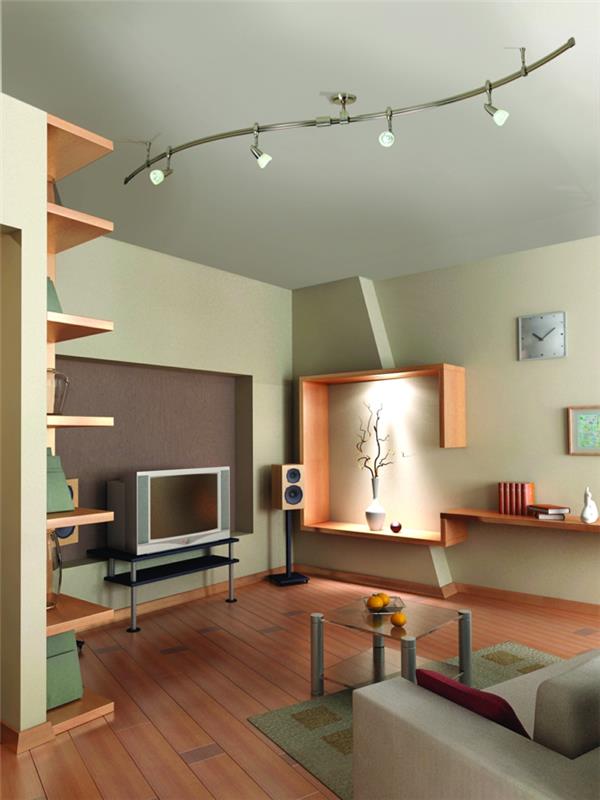 sisustaminen olohuone esimerkkejä pienistä huoneista kattovalaisimet viileät seinähyllyt