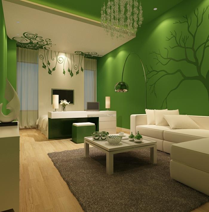 olohuoneen sisustusideoita vihreät seinät kaunis seinäkoriste beige matto