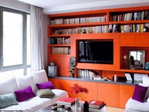 olohuoneen sisustusideoita oranssi huonekalut kirkkaat verhot läpinäkyvät