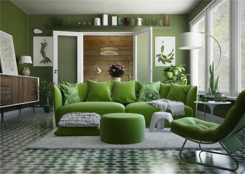olohuoneen värit vihreät laatat ja huonekalut
