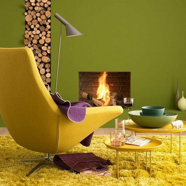 olohuone keltainen sohva vihreä seinä