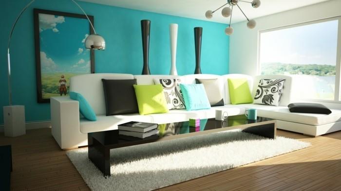 Suunnittele olohuoneet raikas seinämaali ja valkoiset huonekalut ovat hyvä ratkaisu