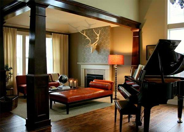 olohuone design huonekalut piano sisustus tyyli perinteinen nahka puupalkki takka