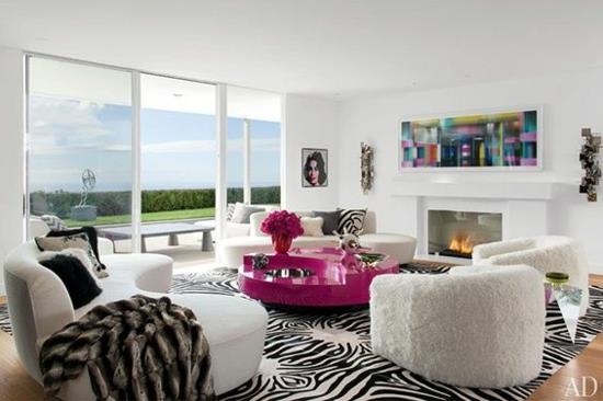 olohuone suunnittelu moderni suunnittelija huonekalut lasiseinä seepra kuvio matto