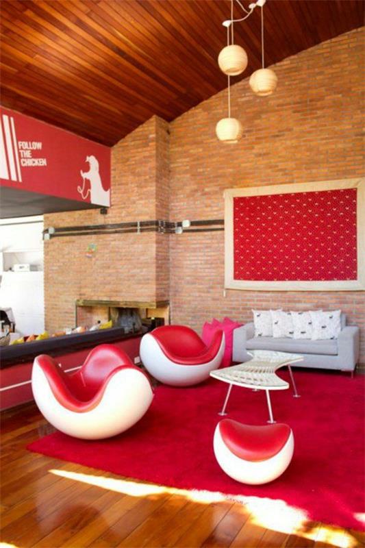 olohuoneen suunnittelu modernit huonekalut punainen valkoinen kontrastit