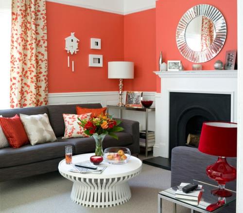 tulenpunainen seinämaali olohuoneen suunnittelu punaisen seinän suunnittelu
