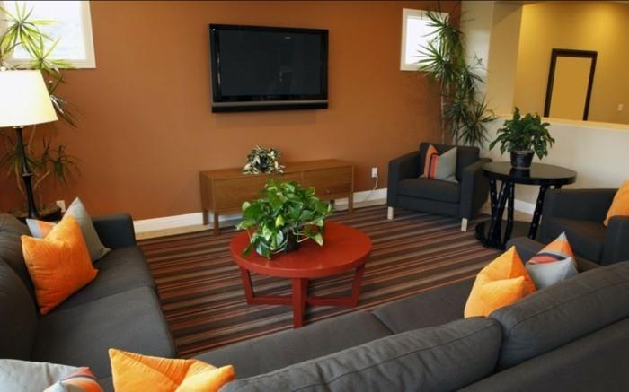 olohuone suunnittelu feng shui ruskea keltainen kasvit