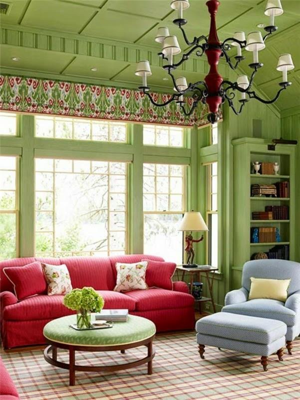 olohuoneen suunnittelu vihreä seinämaali punainen sohva