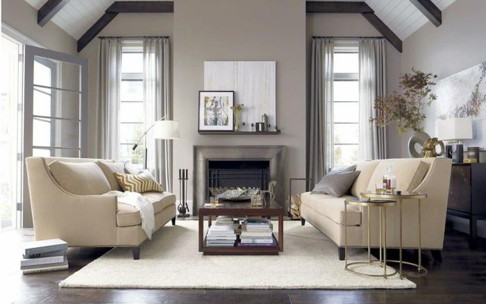 olohuone maalaistyylinen tyylikäs sohva valkoinen matto ilmavat verhot