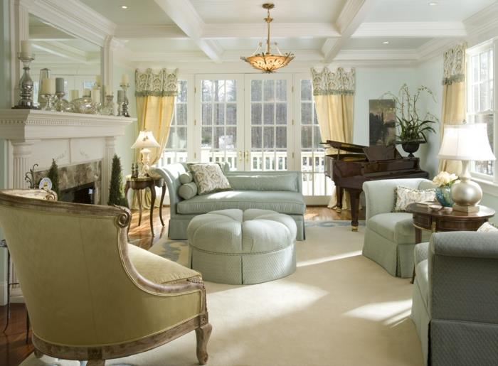 maalaistyylinen olohuone ranskalainen maalaistyylinen vaaleanvihreä huonekalu vaalea matto piano