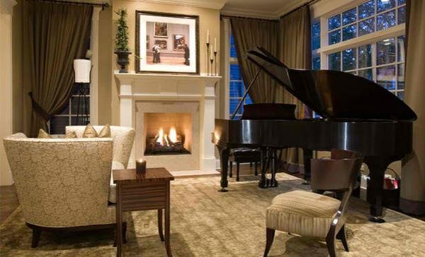 olohuoneen huonekalut piano sisustus tyyli perinteinen beige ruskea olohuoneen värit