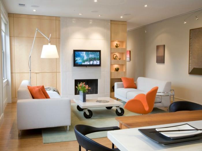 olohuone moderni sisustus kirkkaat huonekalut oranssi aksentti