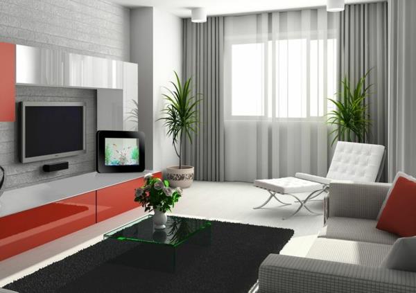 olohuone moderni sisustus tv seinäyksikkö ikkuna yksityisyys näytön verhot harmaa läpinäkyvä