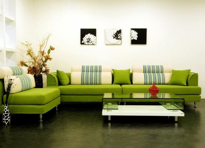 olohuoneen sohvan vihreä lasipöytäkoriste -ideoita