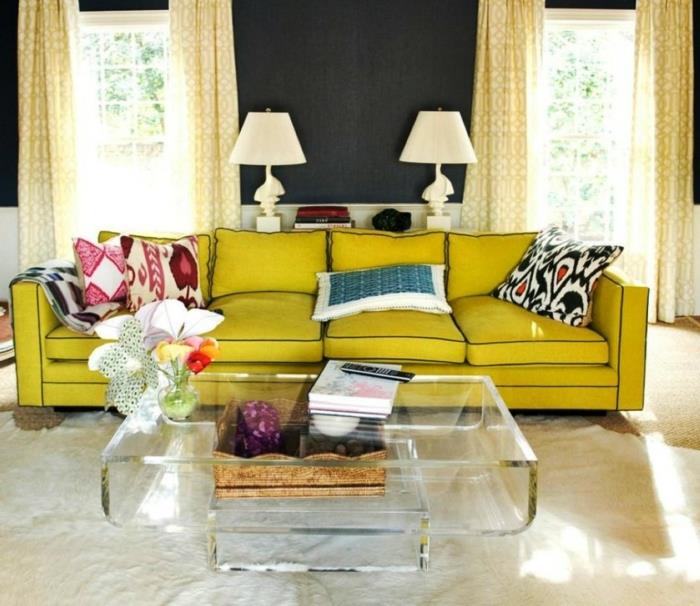 olohuoneen maalausideoita tummanharmaa seinämaali keltainen sohva lasipöytä