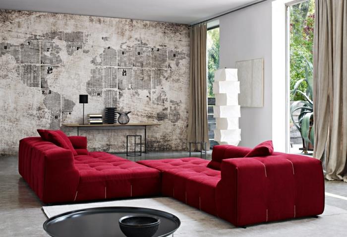 olohuoneen taustakuvaideoita punainen kulmasohva epätavallinen seinäsuunnittelu