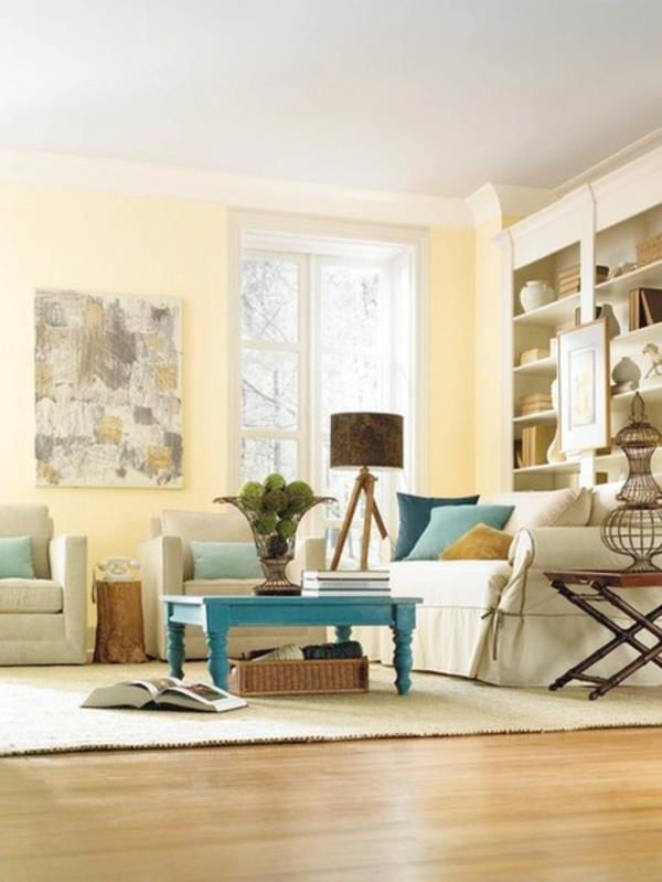 olohuoneen seinän väri keltainen pastelliväri sohvapöytä puu sininen