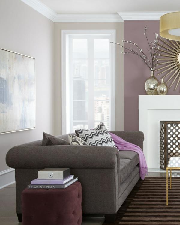 olohuoneen seinäväri vaaleanharmaa seinän väri design vaaleanpunainen violetti