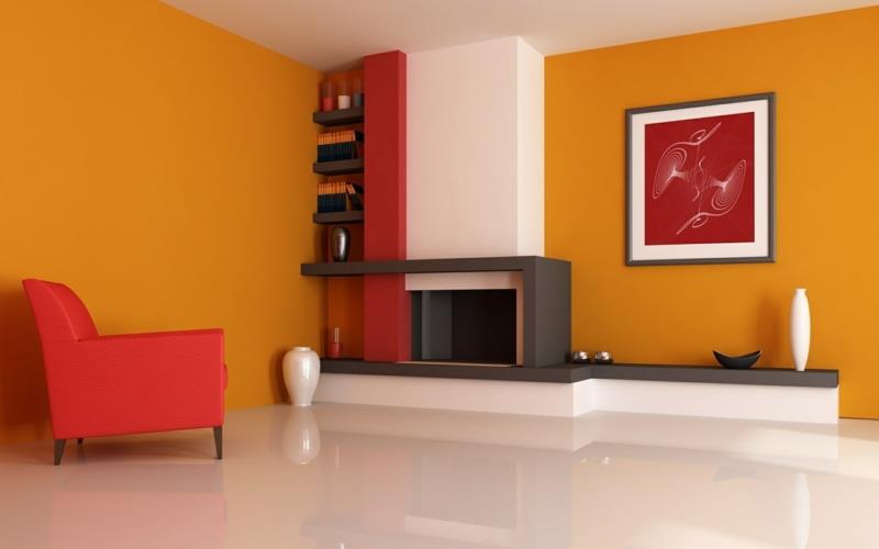 olohuoneen seinän väri punainen oranssi yhdistää lämpimät seinävärit