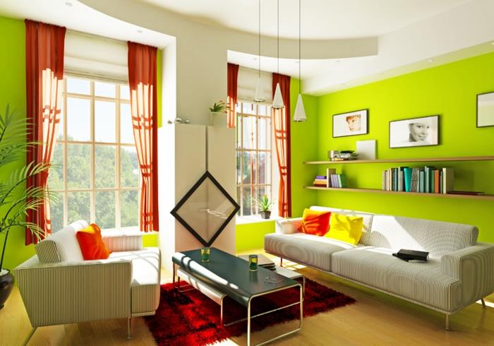 olohuoneen seinän suunnittelu vihreät seinät oranssi verhot punainen matto