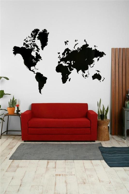 olohuoneen seinän suunnittelu punainen sohva musta seinä tarroja maailman kansio kasveja